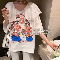 韩国新款2019春卡通印花纯色娃娃领拼接宽松五分袖T恤半袖上衣