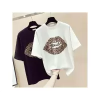 2019早春新款欧货女装豹纹嘴唇白色t恤女短袖超火cec体恤上衣服潮