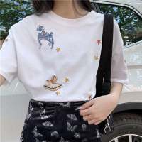 刺绣白色短袖t恤女春季2019新款韩版亮片宽松网红打底衫上衣学生