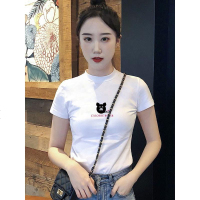 2019新款短袖t恤女白色修身半高领上衣纯棉韩版紧身纯色体恤ins潮