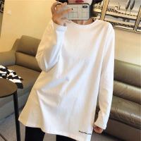 2019早春新款白色t恤女长袖宽松中长款百搭纯棉刺绣打底衫上衣潮