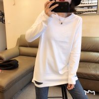 2019春秋装新款长袖打底衫女宽松中长款纯棉白色破洞t恤上衣内搭