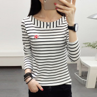 2件69元]早春新款2019纯棉条纹长袖t恤女装上衣服外穿百搭打底衫
