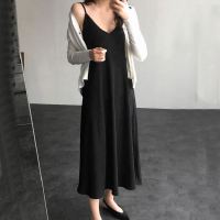 不透黑色V领长款细肩带吊带A字宽松打底衬裙背心连衣裙脚踝长裙女