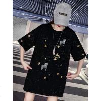 亮片闪闪网红欧货大版t恤女短袖2019夏新中长款宽松重工刺绣上衣