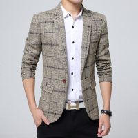 休闲格子西装男修身青年男装西服外套冬季英伦风小西装男