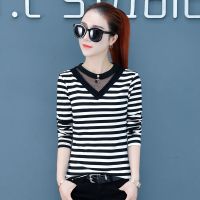 修身显瘦条纹t恤女2019夏装新款韩版纯棉纱网拼接打底衫春秋上衣
