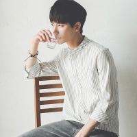 夏季学生韩版修身竖条纹7七分袖白衬衫潮流短袖衬衣服男帅气百搭