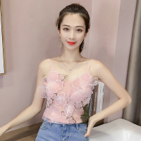 夏季新款冰丝吊带针织打底衫女刺绣短款无袖背心内搭外穿chic上衣