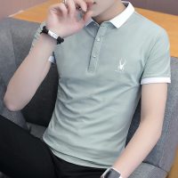 夏季潮流韩版衬衫领短袖POLO衫2019新款有带领短袖T恤男翻领衣服