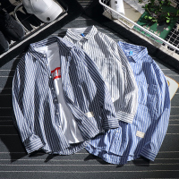 日系秋季男士长袖条纹衬衫男蓝白条原宿修身潮牌韩版学生宽松外套