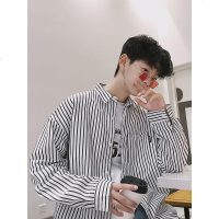 港风条纹衬衫男长袖宽松韩版百搭潮流休闲薄款网红学生格子衬衣