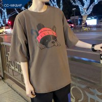 港风短袖T恤男韩版潮宽松原宿风ins网红潮牌潮流男中袖5分五分袖