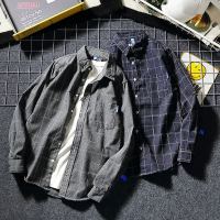 潮流港风ulzzag修身休闲青年格子衬衫日系复古文艺百搭bf衬衣男女