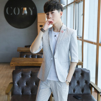男士半袖西服套装薄款条纹七分袖休闲小西装两件套中袖外套潮衣服