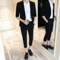 春夏短袖西服套装男九分裤青年韩版修身一套学生休闲帅气小西装潮