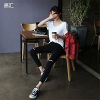 破洞牛仔裤女黑色高腰九分裤小脚铅笔裤紧身春秋2019新款韩版显瘦
