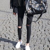 高腰烂牛仔裤女破洞九分2019春季新款韩版显瘦紧身黑色乞丐小脚裤