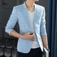 夏季男士休闲西服格子小西装修身韩版潮单西青年外套帅气上衣薄款