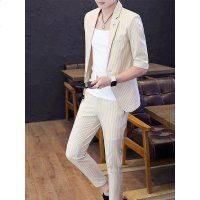 夏季韩版修身短袖小西服套装青年男英伦七分袖中袖西装套装礼服男