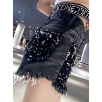 2019新款韩版破洞黑色牛仔短裤女夏重工亮片显瘦高腰阔腿裤热裤潮