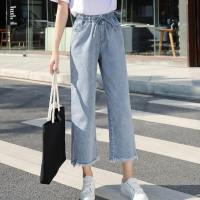 松紧腰阔腿牛仔裤女宽松韩版坠垂感学生九分大码高腰cec直筒裤子