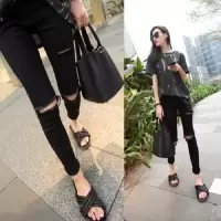 黑色破洞牛仔裤女夏季薄款显瘦高腰韩版弹力8分毛边9分乞丐小脚裤