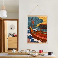 日式浮世绘装饰画玄关餐厅挂画实木卷轴画寿司店客厅饭厅墙壁挂画 C01 45x60cm木条约15mm