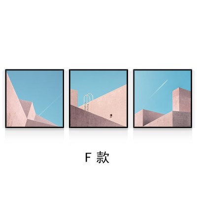 彩色现代简约建筑装饰画工业风办公室客厅挂画北欧餐厅软装墙壁画 F款 40*40整套原木色框拼套