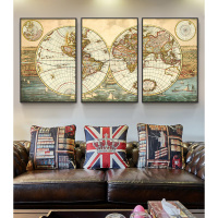 美式客厅餐厅办公室沙发背景墙面装饰画复古怀旧三联世界地图挂画 B款 60x90x3整套33mm(原木色框)拼套