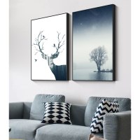 麋鹿森林北欧ins风格客厅装饰画沙发背景墙挂画室内样板间墙壁画 A款 60x90x2整套33mm(黑色简框)拼套