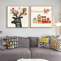 圣诞节元素装饰画商场店铺场景麋鹿圣诞树袜子餐厅酒店挂画墙壁画 A款 40x40整套拼套33mm(原木色框)