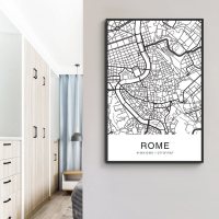 黑白世界城市地图挂画工业风客厅装饰画酒吧餐厅壁画沙发背景墙画 E款 50*75整幅白色简框