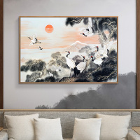 新中式九鹤图客厅壁画沙发背景墙挂画玄关走道酒店餐厅壁画国画 A款 60x90单幅黑色简框