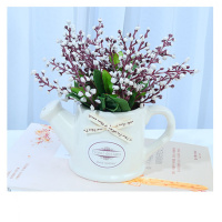 仿真花 家居书桌装饰假花盆栽田园水壶花盆摆设塑料花摆件 白色水壶相思豆