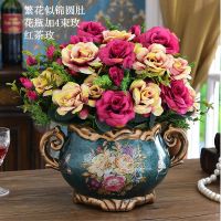 欧式创意客厅三件套美式干果盘古典家用复古水果盘套装摆件 繁花似锦圆肚花瓶加4束玫红茶玫