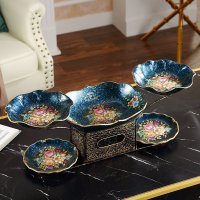 欧式水果盘客厅茶几摆件美式陶瓷托盘家用钥匙收纳复古干果盘 金属蓝5格盘套装