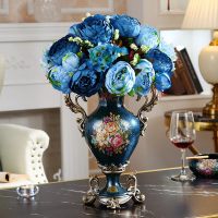 欧式水果盘客厅茶几摆件美式陶瓷托盘家用钥匙收纳复古干果盘 金属蓝花瓶加2束蓝色牡丹