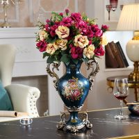 欧式水果盘客厅茶几摆件美式陶瓷托盘家用钥匙收纳复古干果盘 金属蓝花瓶加4束玫红茶玫