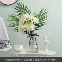 北欧小清新假花仿真花室内装饰品花瓶摆件绢花客厅餐桌插花摆设 1束白色把束大丽花+玻璃花瓶[套装价]