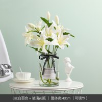 北欧小清新假花仿真花室内装饰品花瓶摆件绢花客厅餐桌插花摆设 3支百合+玻璃花瓶[套装价]