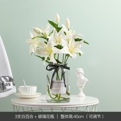 北欧小清新假花仿真花室内装饰品花瓶摆件绢花客厅餐桌插花摆设 3支百合+玻璃花瓶[套装价]