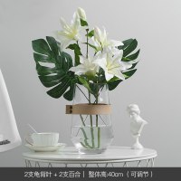 北欧现代简约玻璃花瓶家居透明插花干花创意皮革小清新水培花器 2支龟背叶2支百合+花瓶[套装价]
