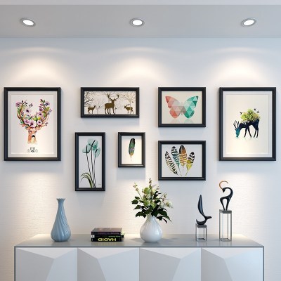 现代简约照片墙装饰欧式客厅相片墙 创意美式相框挂墙组合 全黑+自然物语画芯组合
