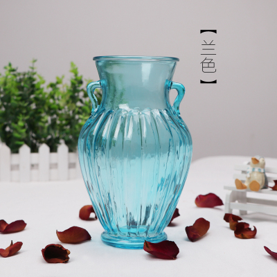 欧式创意带耳玻璃花瓶透明彩色简约干花摆放个性水培花器家居摆件 蓝色