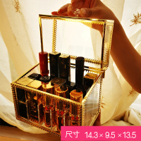 网红口红收纳盒-尘桌面唇釉多格化妆品口红架收纳整理盒透明带盖 金色边玻璃15格加高带盖口红盒