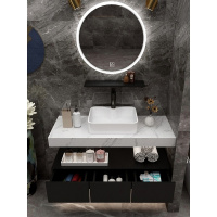 北欧木圆镜浴室柜组合小户型卫生间闪电客洗手台上大理石洗漱脸盆定制