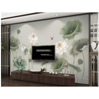 新中式电视背景墙纸现代简约客厅闪电客沙发卧室古典彩绘荷花壁纸8D墙布