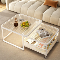 蜂贝(FENGBEI)可移动方形茶几现代轻奢创意法式奶油风客厅家用小户型玻璃小桌子