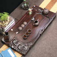 黑檀木茶盘加厚功夫茶具大号茶台长方形家用花梨茶海托盘 双面雕荷花鱼65*35*6